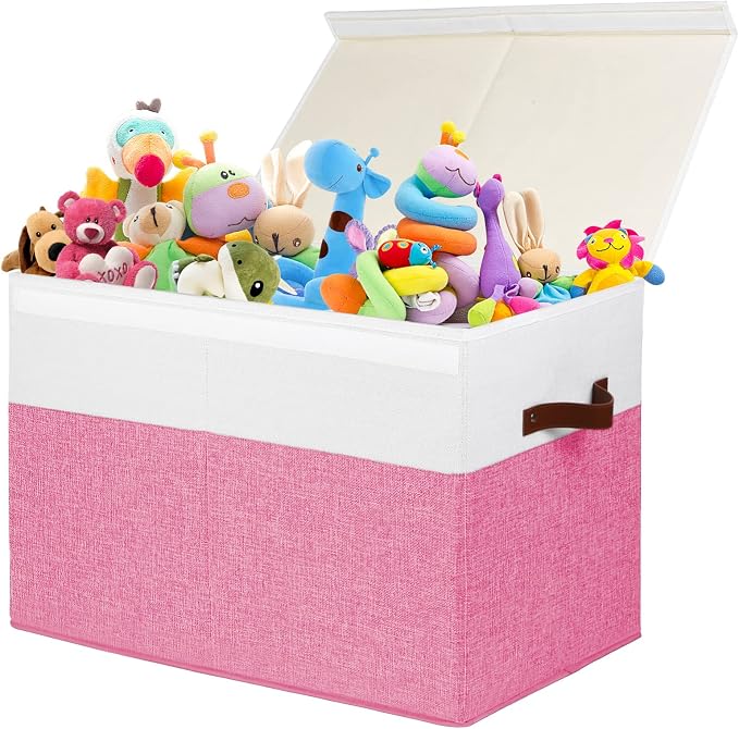Large Toy Storage Box with Lid, Toy Chest Bin Boxes Basket with Dividers | Sturdy Toy Organizer Bin for Kids, Boys, Girls, Nursery, Living Room, Bedroom, Playroom 25"x13" x16" (Pink and White)