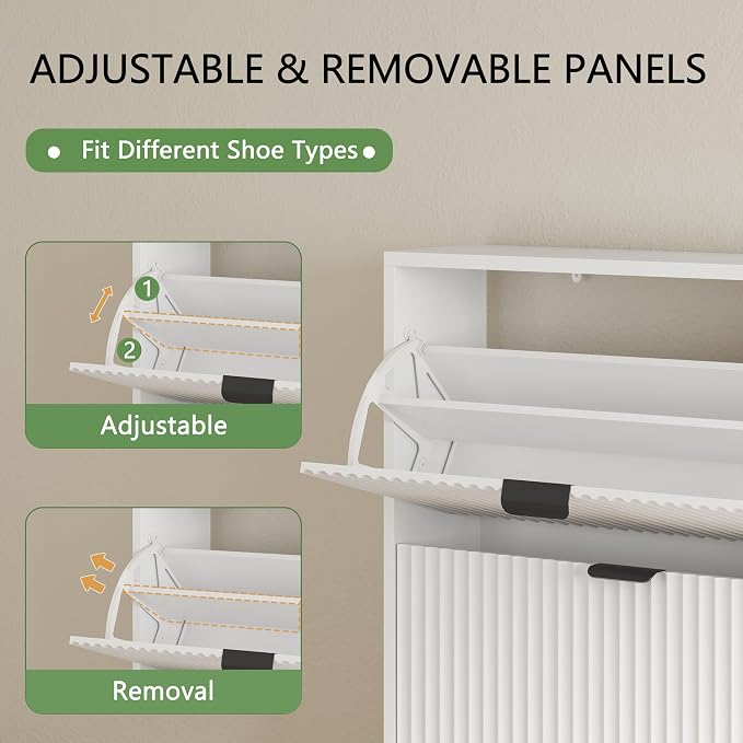 Xixini Shoe Cabinet with 3 Flip Drawers, 54" Tall Narrow Fluted Shoe Storage Organizer for Entryway, Hidden Slim Wooden Shoe Rack Cabinet for Front Door Entrance, Hallway, Living Room, Solid White