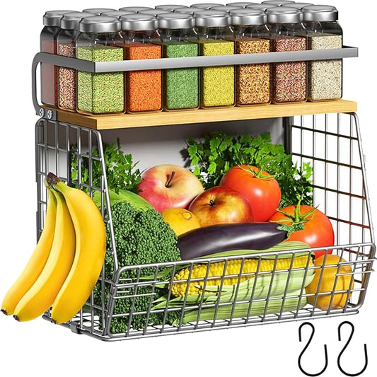Magnetic Fridge Shelf with Wood Lid, Fruit Potato Onion Storage Bins, Pantry Organizers, Large Container Spice Rack for Refrigerator, Kitchen Counter, Cabinet (1, Silver)