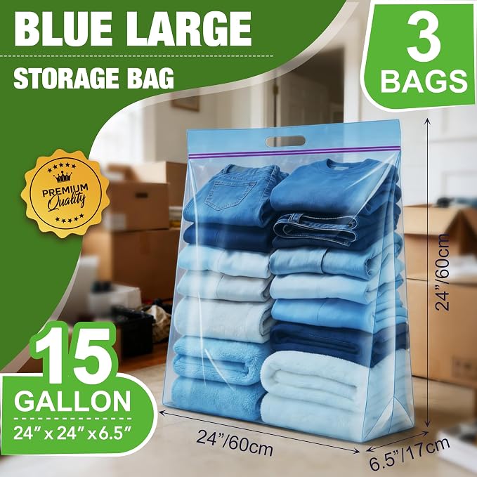 GOONIK 15 Gallon Large Storage Bags with Zipper and Handle for Clothes Pillow Travel Moving, Large, 24” x 24”, Blue, Pack of 3