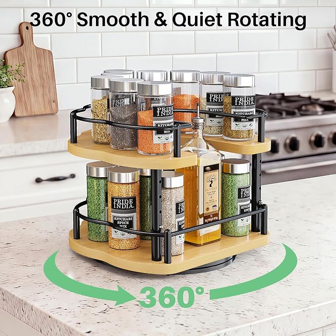 SNTD Lazy Susan Organizer Spice Rack - Spice Organization for Cabinet Height Adjustable Rotating Lazy Turntable, Pantry Kitchen Wood Revolving Seasoning Organizer (Natural, 9 Inch)