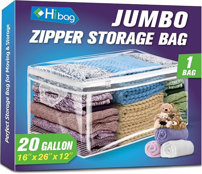 Large Storage Bag for Clothes, Jumbo Zipper Totes | 20 Gallon xxl, Flexible, Clear Extra Thick Plastic, Reinforced Handles, Double Zip