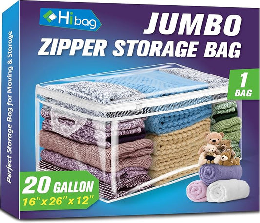 Large Storage Bag for Clothes, Jumbo Zipper Totes | 20 Gallon xxl, Flexible, Clear Extra Thick Plastic, Reinforced Handles, Double Zip