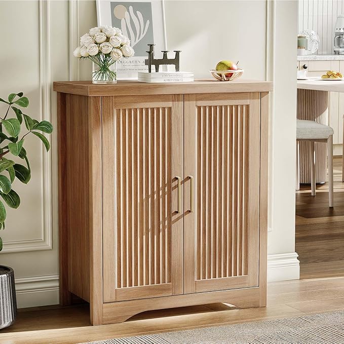 29" Fluted Sideboard Buffet Cabinet with Storage,Natural Oak | Modern Credenza with 2 Doors & Adjustable Shelves,Coffee Bar Table Console for Dining Room Kitchen Living Room Entryway