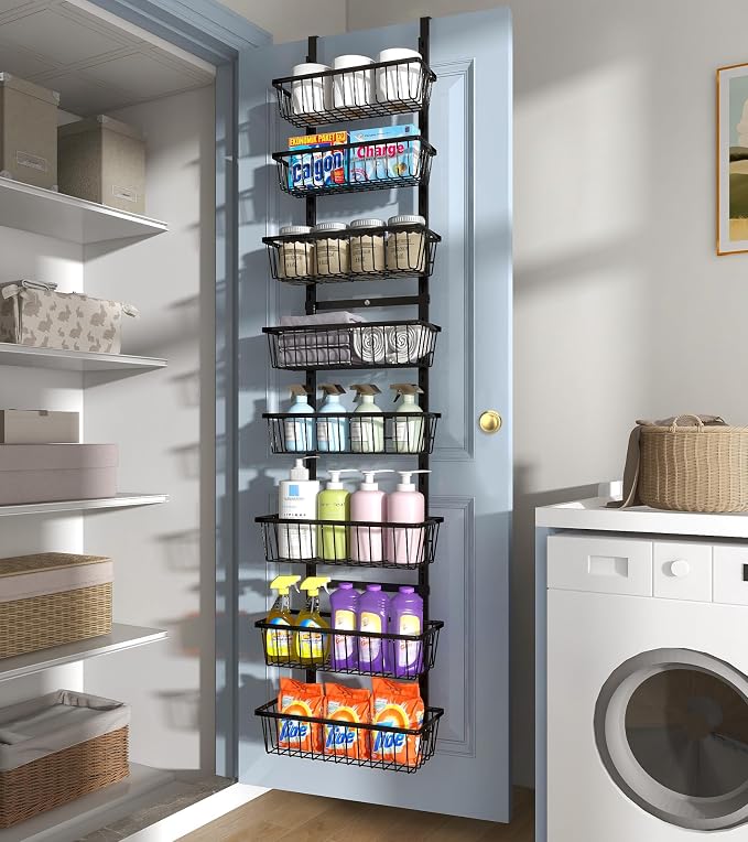 Mefirt 12 Inch Wide Narrow Over The Door Pantry Organizer Black 8-Tier | Pantry Organization and Storage, Metal Hanging Deep Basket Wall Spice Rack Seasoning Shelves, Home & Kitchen Essentials
