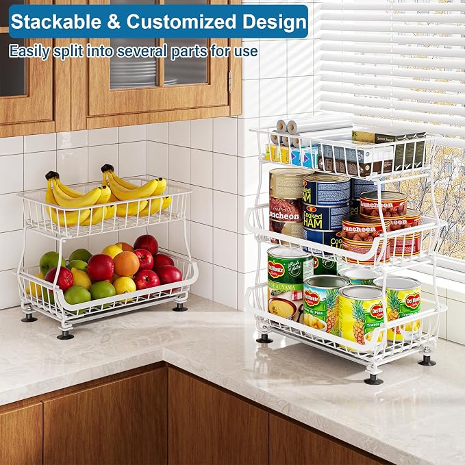 OKZEST 3-Tier Rolling Pantry Floor Organizer and Storage Cart with Wheels, Stackable Wire Pantry Baskets for Pantry Shelves, Kitchen Storage Rack and Fruit Basket Stand for Fruit Snack Onion Potato