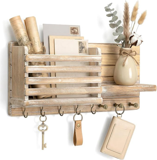 Rebee Vision Key Holder Wall Mount with Mail Slot for Room, Natural Wood | Key Holder for Wall, Pine Wood, 8 Key Hooks for Hats, Floating Shelf, Mail Sorter, Plant Display, Apartment Rustic Aesthetic