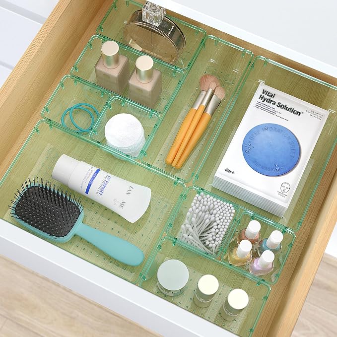StorMiracle 28 PCS Clear Plastic Drawer Organizers Set, 4 Size Desk Drawer Organizer Trays for Makeup, Jewelry, Kitchen Utensils, Gadgets and Office Accessories, Sea Blue