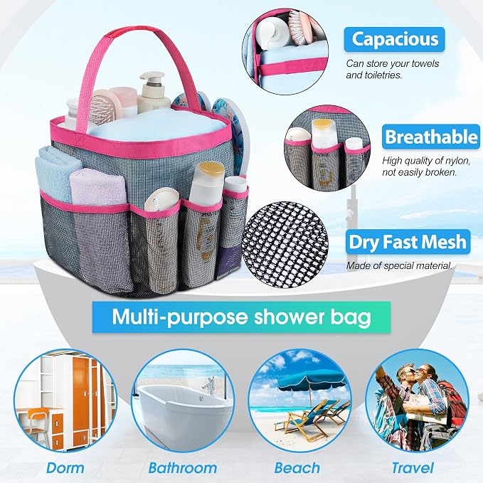 Mesh Shower Caddy Portable - 9 Pockets for College Dorm Room Essential | Large Capacity Mesh Shower Caddy with 9 Pockets, Portable Hanging Toiletry Bag for College Dorm, Gym, Camping and Beach