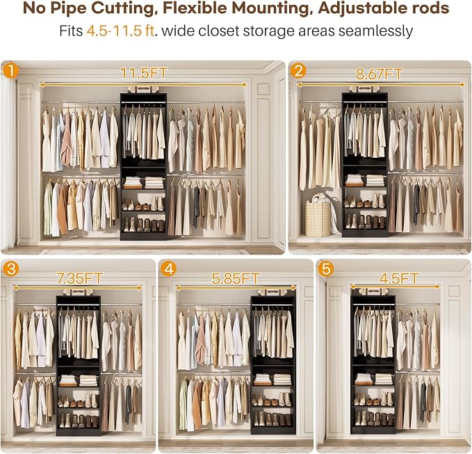 Closet System, 4.5-11.5 Ft Expandable Closet Organizer, Black | 5 Hanging Rods, Walk-in Wood Closet Organizer System with Storage Tower, Heavy Duty Garment Rack Wardrobe for Bedroom