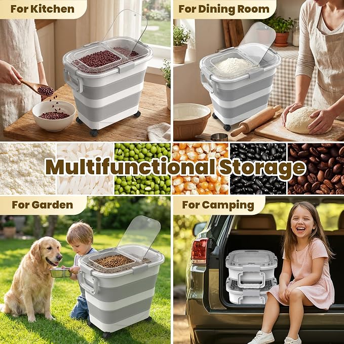 HOYTAMDA 25-35Lbs Rice Container,Collapsible Food Storage Container Wheels | Rice Storage Container with Transparent Airtight Lid,Handle,Small Bin&Scoop,Rice Dispenser for Flour Sugar Grain Dog Cat