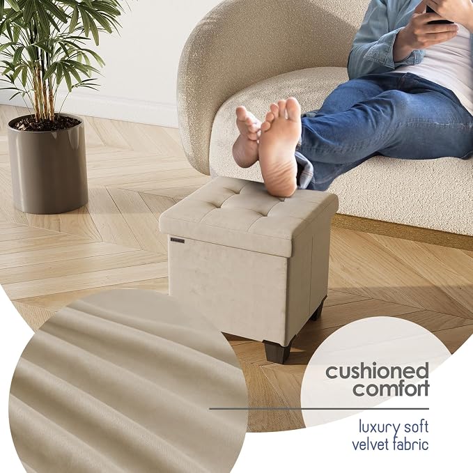Storage Ottoman Cube with Small Bin, 15-in Square Ottoman with Storage for Living Room and Bedroom, Small Ottomans Foot Rest, Velvet Foot Stools Ottomans Max 330lbs, Beige