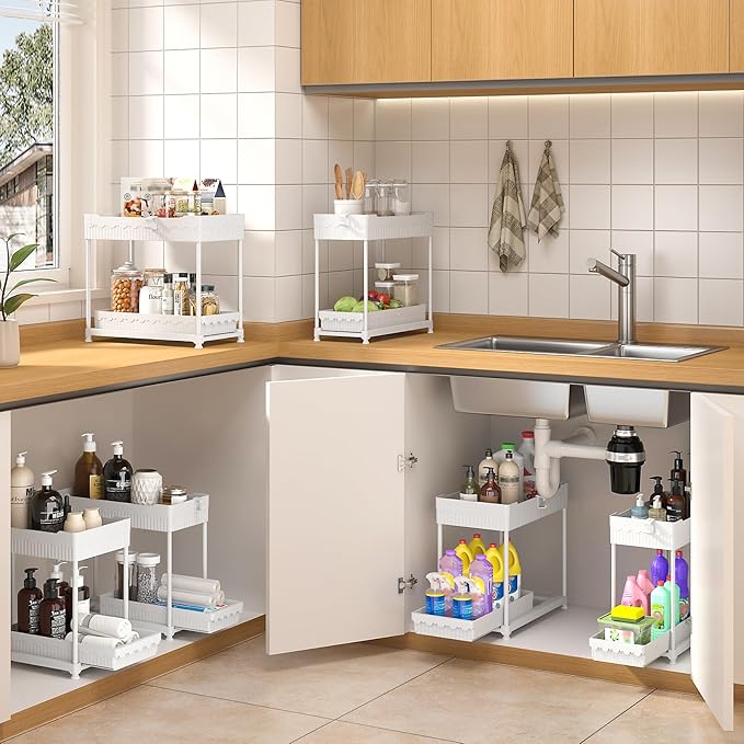 Sevenblue 3 Pack Under Sink Organizers, 2-Tier Multi-Use Kitchen and Bathroom Organizers and Storage with Sliding Drawers, Bathroom Cabinet Organizer (White, 14.8 Inch) | Multi-use kitchen & bathroom storage, 14.8 inch white cabinet organizer, space-sa...