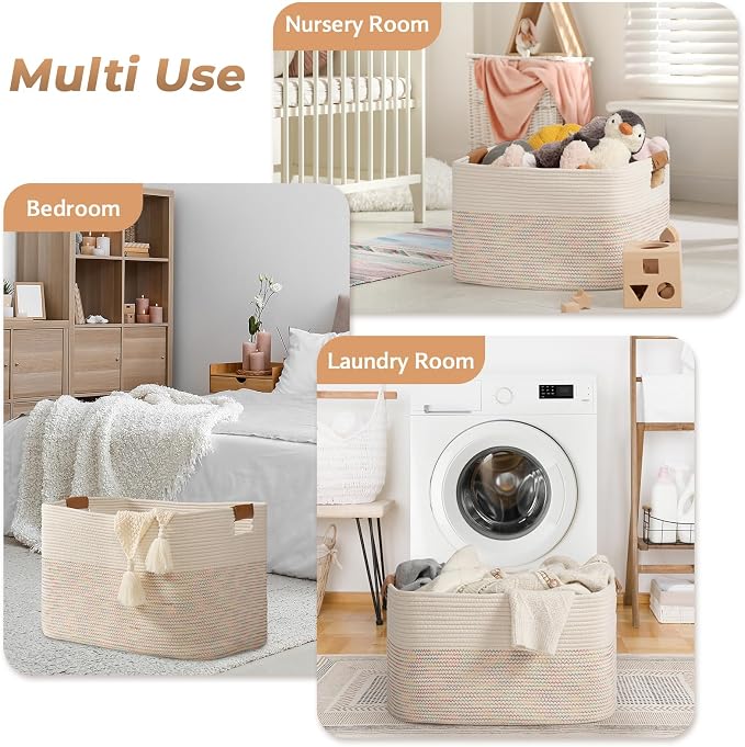 danpinera 108L Large Basket for Living Room, Boho Decorative Basket Organizing with Handles, Cotton Rope Storage for Toys, Pillows, Clothes, 25’’*16’’*16’’ Rainbow