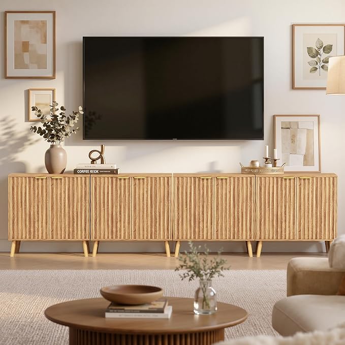 Set of 4 Fluted Storage Cabinet, Buffet Cabinet with Storage, Wood Sideboard with Adjustable Shelf, Modern Accent Cabinet & Console Table for Entryway, Living Room, Dining Room, Natural