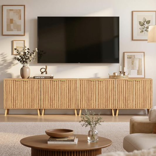 Set of 4 Fluted Storage Cabinet, Buffet Cabinet with Storage, Wood Sideboard with Adjustable Shelf, Modern Accent Cabinet & Console Table for Entryway, Living Room, Dining Room, Natural