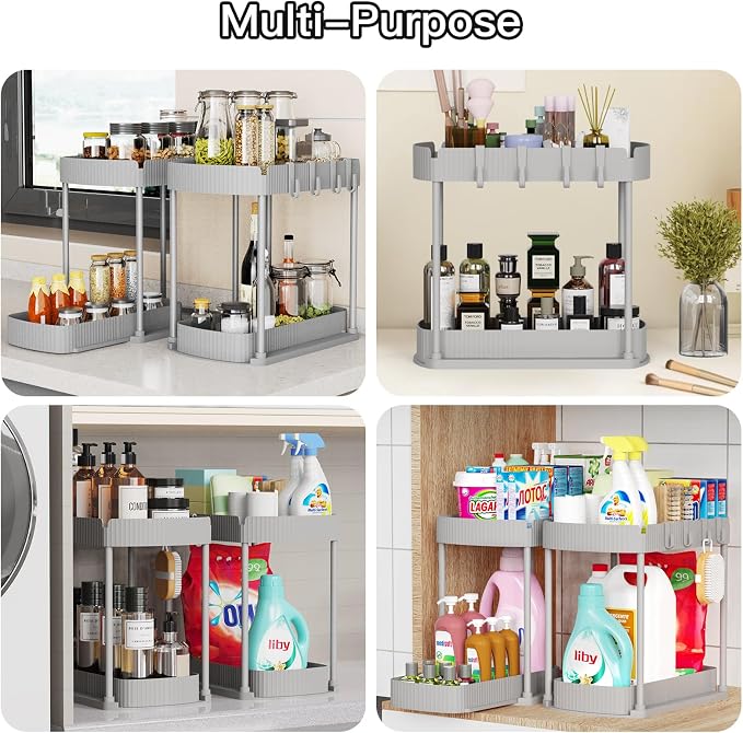 Ukeetap 2 Pack Multi-Purpose Pull-Out Storage Organizers, Under Sink Organizers and Storage for Bathroom & Kitchen, Under Cabinet Organizers and storage, 14.8 Inch, Grey