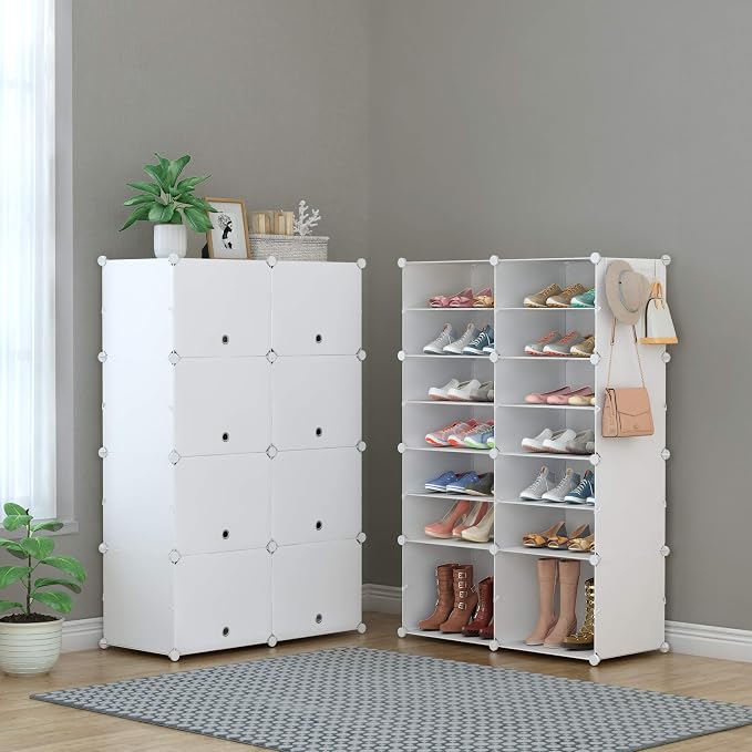 HOMIDEC Shoe Rack Organizer 32 Pair Modular Shoe Storage Cabinet for Closet | PP Plastic, Sturdy Steel Frame, Waterproof, Dustproof, Easy Clean, Shoe Shelves for Closet Garage Hallway Bedroom Entryway
