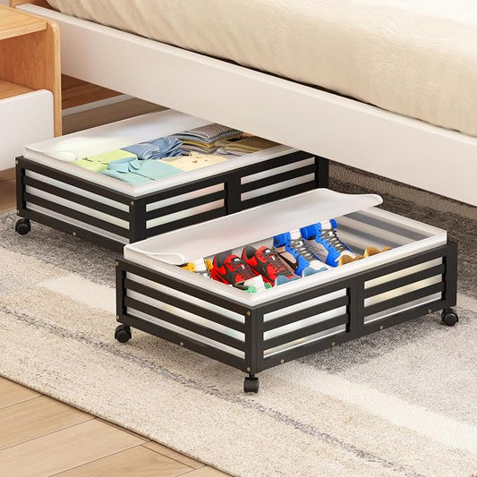 Under Bed Storage with Wheels, 2 Pack Bamboo Drawers for Shoes and Clothes | Fitted dustproof bags, stackable design, smooth pullout access for bedding, blankets, toys and seasonal essentials