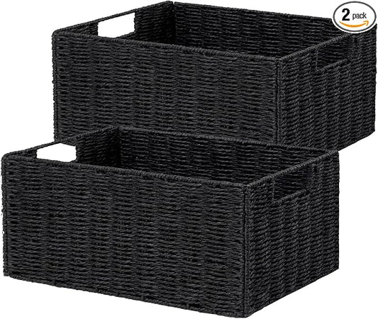 Vagusicc Wicker Storage Basket, Set of 2 Hand-Woven Paper Rope Wicker Basket, Small Storage Baskets for Organizing Toilet Paper Baskets, Foldable Large Cube Storage Organizer Bin for Shelves (Black)