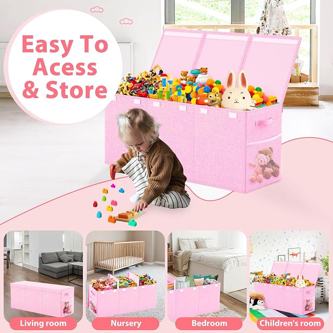 Large Toy Storage Box with Lid & Dividers, Collapsible Kids Toy Chest, Pink | Toy Box for Boys, Girls, Nursery, Bedroom, Living Room, Playroom, 40X14X16 inches