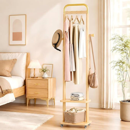 Solid Rubberwood Coat Rack – 71.2" Tall Standing Rack with Locking Wheels, 2-Tier Shelves & Side Hooks, Slim Hall Tree for Entryway or Bedroom (Natural Wood 15.7" W x 71.2" H)
