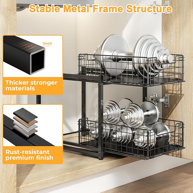 Under Sink Organizer, 2-Tier Pull Out Cabinet Organizer, Kitchen Bathroom Organizer and Storage, Spice Rack for Kitchen, Multi-use Sliding Drawers Shelves (1, Black)
