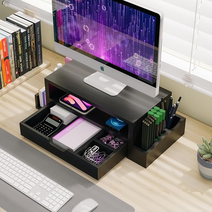 Simple Trending Wood Monitor Stand Riser, Desktop Oraganizer, Black | Desk Organizer and Accessories, Laptop & Printer Stand, Drawer & Pen Holder, for Home Office, 20.25"W x 9.25"D x 5.5"H