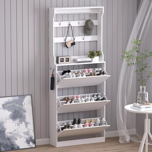 BORNOON Shoe Cabinet with 3 Flip Drawers & Coat Rack, Narrow Hidden Shoe Storage Cabinet, 2-in-1 Hall Tree Slim Freestanding Shoe Rack Organizer for Entryway, Hallway, and Living Room