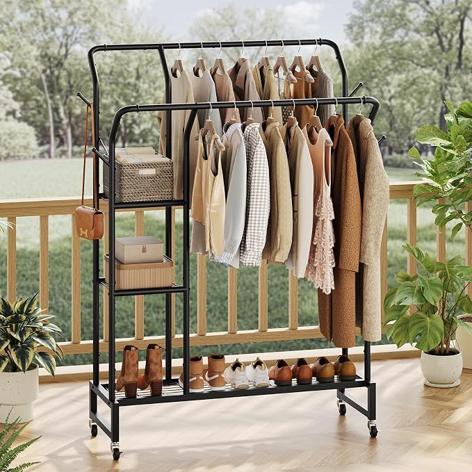 Yoobure Double Rods Clothes Rack - Portable Clothing Rack with Wheels, Rolling Garment Rack with 3-Tier Shelves & 4 Hooks, Freestanding Clothing Racks for Hanging clothes, Coat Rack for Closet Bedroom