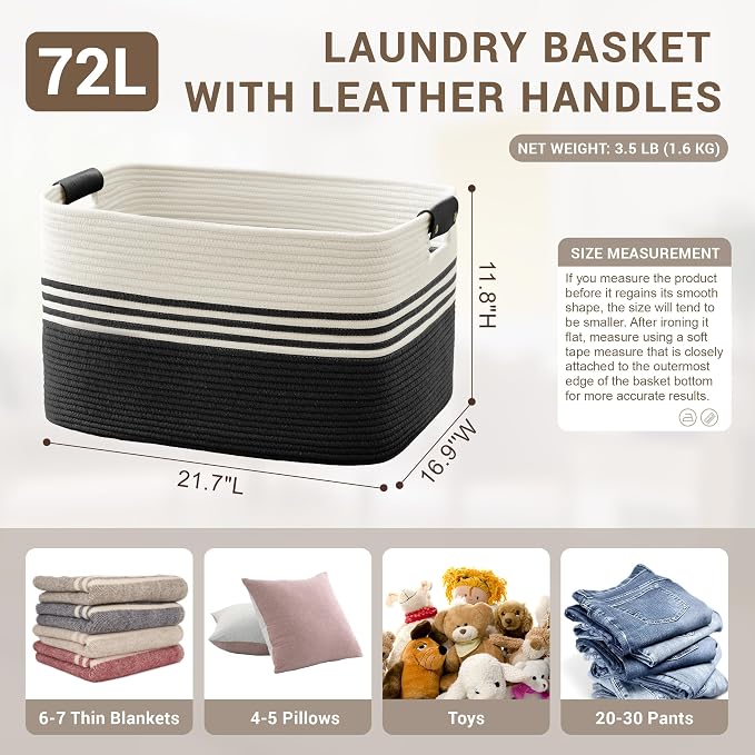 72L Large Woven Laundry Basket Hamper with Leather Handles,Black | collapsible wicker hamper, storage for dirty clothes, toys, blankets, gifts, living room, bedroom, bathroom, 22"x17"x12"