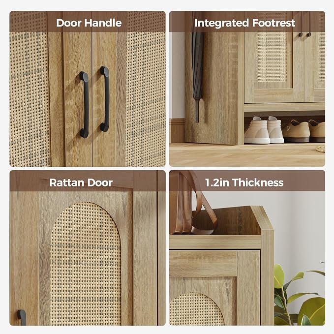 Rattan Shoe Storage Cabinet, Farmhouse Shoe Cabinets Storage for Entryway, Boho Wooden Shoe Rack with 3 Doors for Entryway, Hallway (Natural, 3 Door)