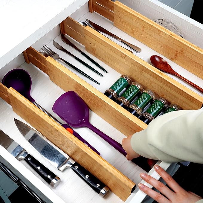Utoplike Bamboo Drawer Dividers Large, 4" High Kitchen Drawers Organizer | Adjustable, Spring Loaded, Works in Bathroom, Bedroom, Dresser, Office, 4pcs for Clothing, Fit for 18.6"-20.6" Inner Drawer
