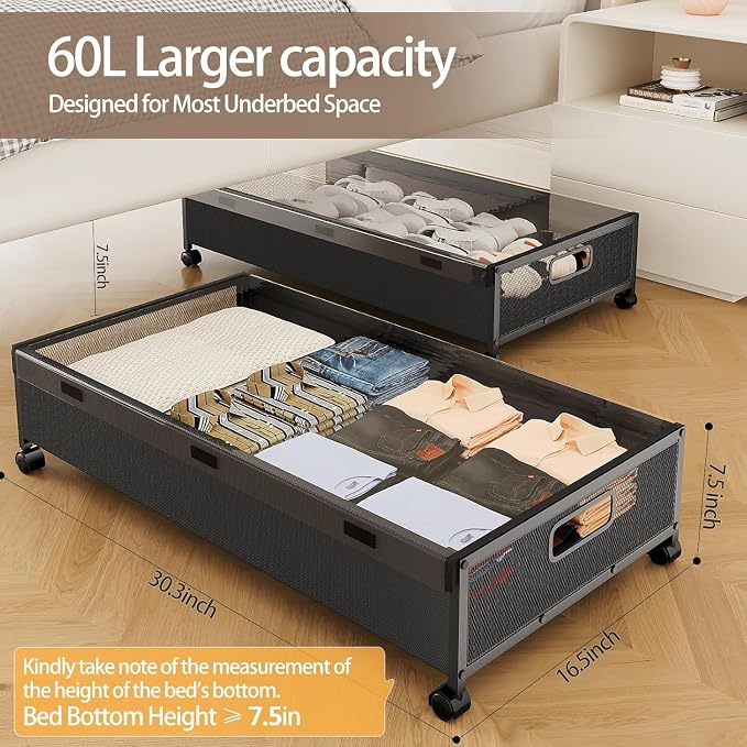 KITHELP Under Bed Storage Containers with Wheels, Underbed Shoe Storage Organizer with Removable Lids, Large Rolling Under Bed Storage Dresser Drawers for Clothes Toys Shoes Blankets