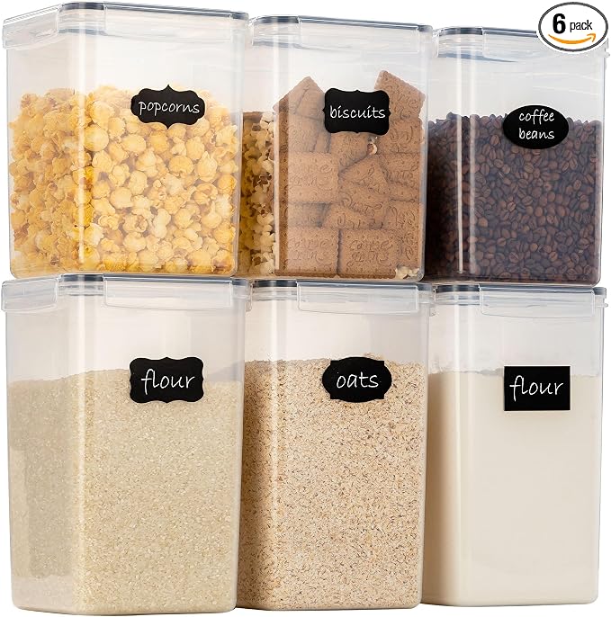 Chef's Path Large Airtight Food Storage Containers with Lids, Pack of 6, 3pcs 6.5L and 3pcs 5.2L, Kitchen and Pantry Canisters for Sugar, Flour, and Baking Supplies - Transparent