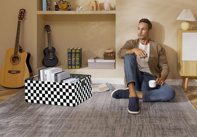 Checkered Storage Basket Foldable Nursey Box | 16.9" Storage Cube for Women Closet Organizer Boys Car Toys Bins with Handles | Sturdy Cardboard & Washable Fabric 2Pack