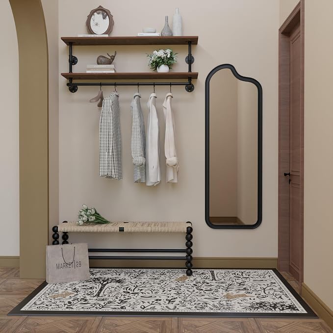 Clothes Rack 42in, 2 Tier Wall Mounted Garment Rack with Real Wood Shelf, Heavy Duty Hanging Clothes Rack, Multi-Purpose Hanging Rod, Space-Saving Closet Storage