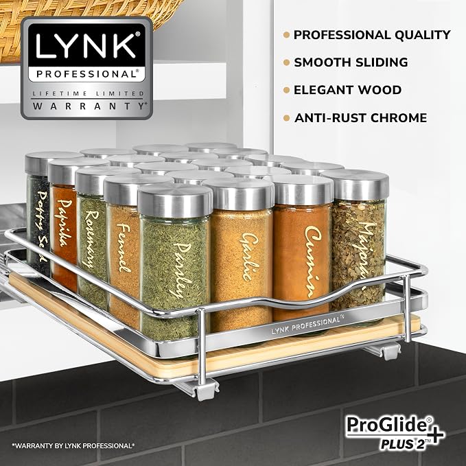 LYNK PROFESSIONAL® Élite™ Pull Out Spice Organization for Cabinets - 8-3/8 inch Wide – Spice Rack for Inside Cabinets – Wood/Chrome - Sliding Spice Rack Organizer for cabinet – Spice Rack - 1 Tier