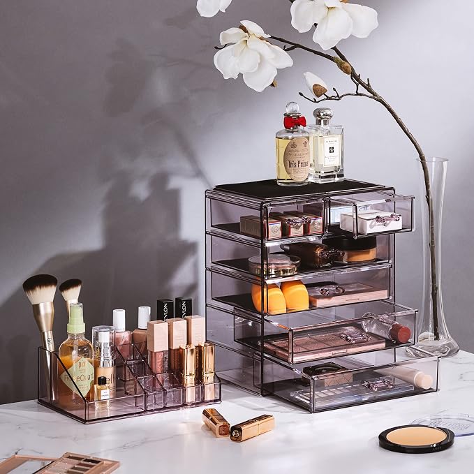 Sorbus Acrylic Makeup Organizer Set, 6-Drawer Vanity & Countertop Cosmetic Storage with Small & Wide Compartments, Purple Makeup Storage for Brushes, Jewelry – Holiday Gift for Women & Teens