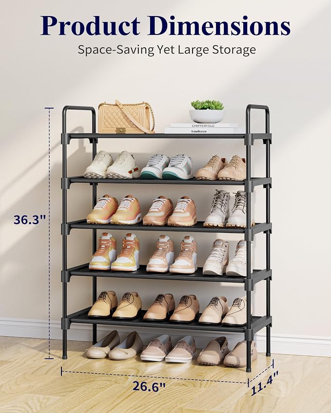 Kitsure Shoe Rack for Closet, 26.6" Wide - 5 Tiers, Black | Shoe Organizer for Front Door Entrance, Stackable Shoe Shelf, Closet Organizers and Storage