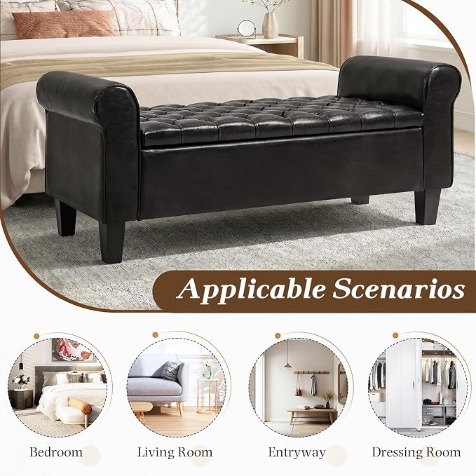 55" Storage Ottoman Bench for Living Room, End of Bed Bench with Rolled Arm Leather Ottoman with Storage Upholstered Entryway Bench Retro Style Footboard Bench for Bedroom, Black