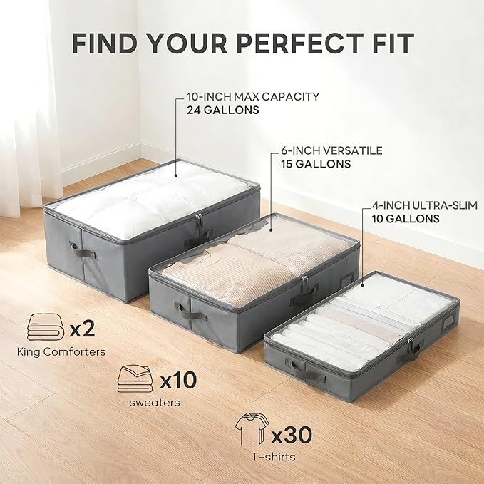 4" Low Profile Under Bed Storage Bins (2-Pack, Grey), Slim 600D Oxford Fabric Clothes Organizer Box with Reinforced Leather Handles, Sturdy Clear Lid