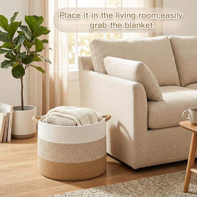 Artfeel 70L Large Cotton Rope Basket, Decorative Woven Blanket Storage for Living Room, Boho Toy Storage & Toy Box for Kids, Versatile Laundry Basket & Nursery Hamper for Blankets(Brown)