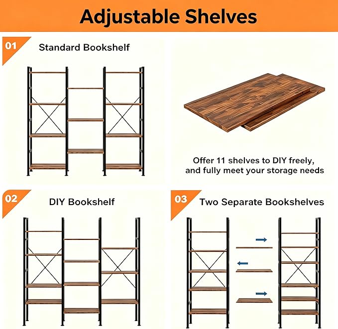 HealSmart Triple Column 4 Tier Bookshelf, Industrial Bookcase with 11 Open Display Adjustable Shelves, Wide Convertible Display Modern Bookshelf for Living Room & Home Office, Brown