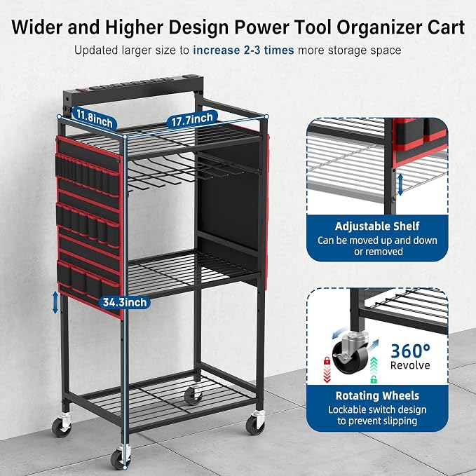 JUNNUJ Power Tool Charging Organizer Cart, 8 Outlet 3 USB, 6 FT Cord, Red | Floor Rolling, Large Tools Storage Cart on Wheels, Heavy Duty Drill Battery Station, Utility Rack Shelf for Garage Workshop
