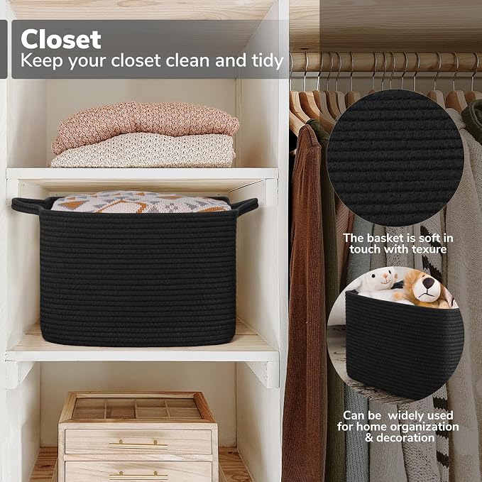 Goodpick Cotton Rope Storage Basket for Shelves, 13" x 10" x 9", Black | Gift Basket for Books, Toys & Towels Storage, Living Room & Bedroom Organization, Built-In Handles, Stylish Home Decor