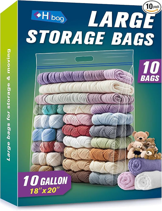 HIBAG 10 Gallon Large Storage Bags, 18” x 20” Resealable Clear Bags with Handle, Extra Large XL Heavy Duty for Clothes Pillow Travel Moving, Pack of 10