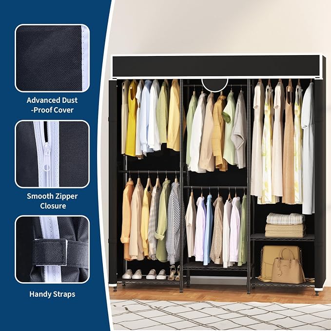 Heavy Duty Garment Rack 1100lb Load Closet Wardrobe with Cover Clothes Rack for Hanging Clothes with Adjustable 7 Shelves & 5 Hanging Rods 76" H X 73" L X 17" W Black