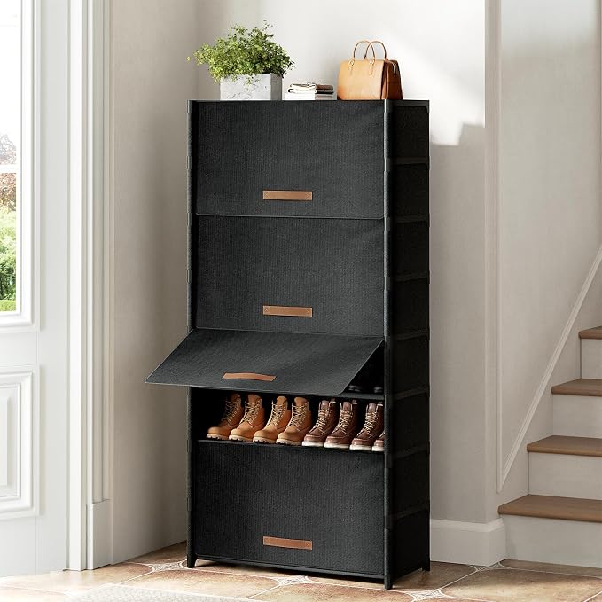 9 Tier Shoe Cabinet with Door, 36-Pair Storage, Black | Max capacity for large families. Door prevents dust & pet damage. Holds all shoe types. Easy connector assembly.