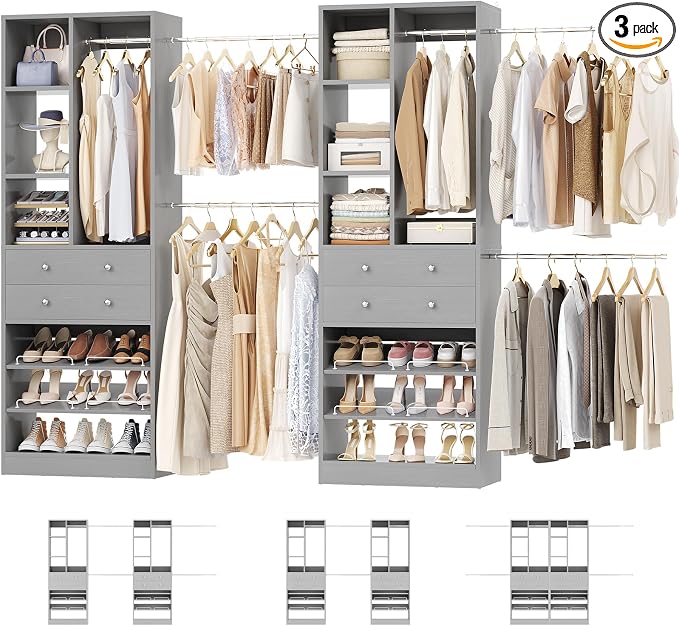 Besiost Closet System, Up to 134"/11.2 FT Closet Organizer with 4 Wooden Drawers and Shelves, Walk-in Closet System with 6 Hanging Rods, Built-in Closet Can Fit 96"/8FT, 120"/10FT, Morandi Grey Set 2